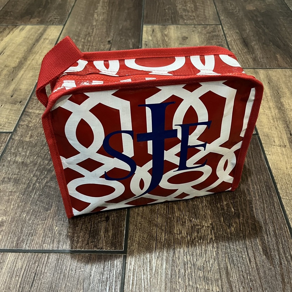 SJE Monogram Christian Cross Red Geo Lattice Cosmetic Toilette Travel Bag NWT